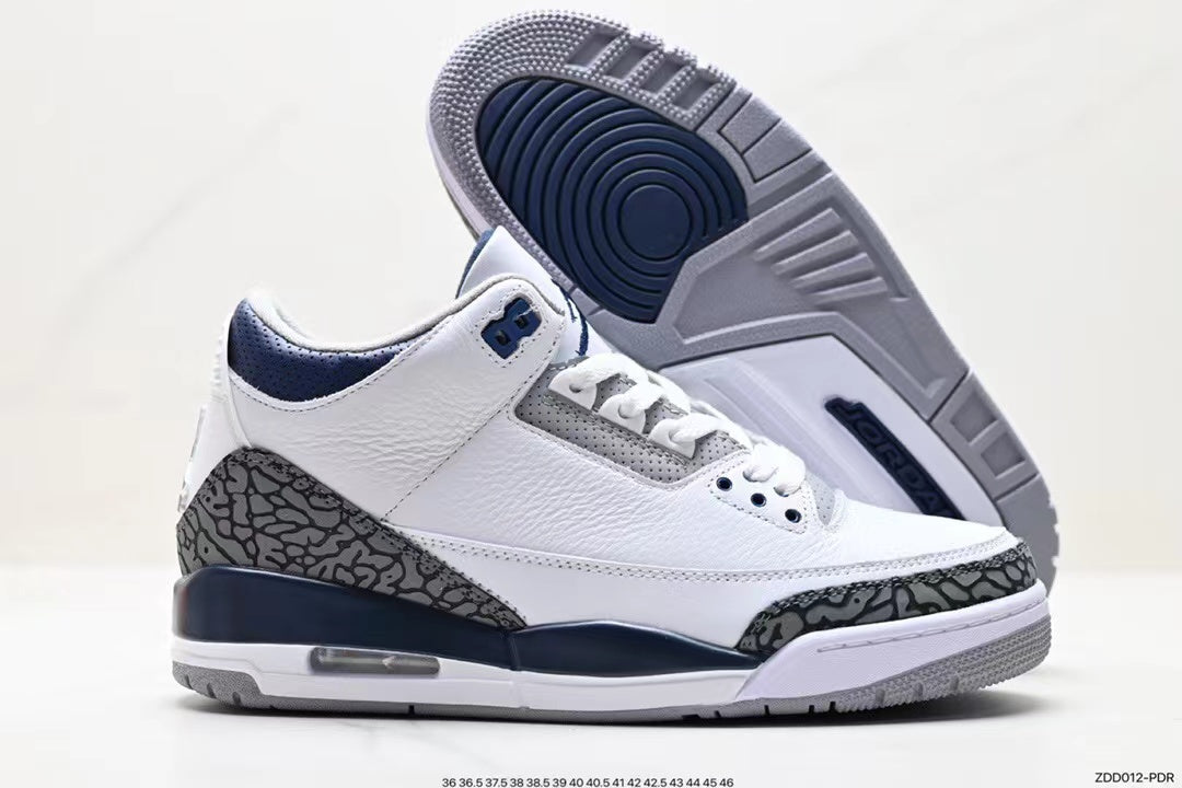 Tenis Jordan 3 Retro Blanco Azul Oscuro.