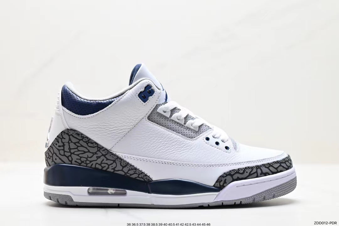 Tenis Jordan 3 Retro Blanco Azul Oscuro.