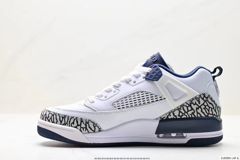 Tenis Jordan Spizike Low Blanco Azul Oscuro.