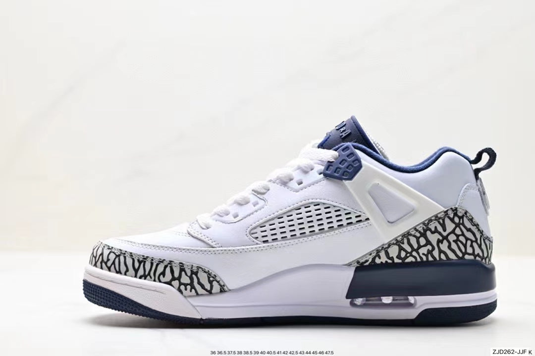 Tenis Jordan Spizike Low Blanco Azul Oscuro.