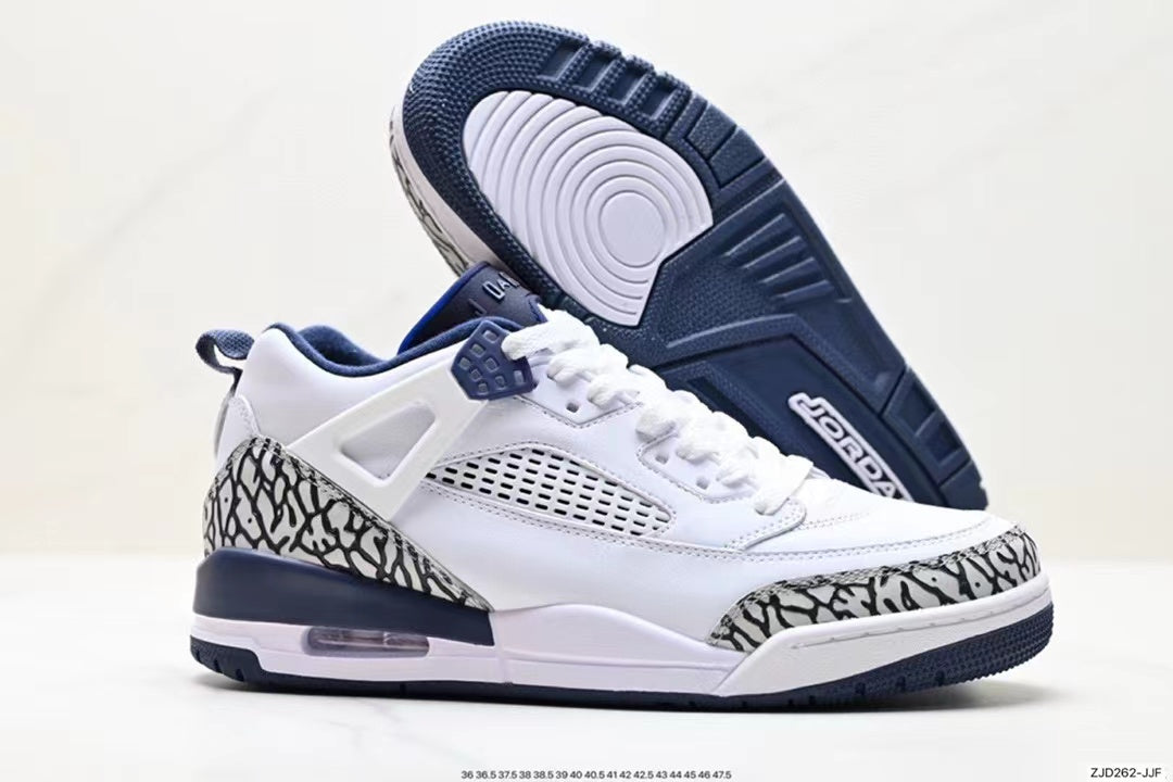 Tenis Jordan Spizike Low Blanco Azul Oscuro.