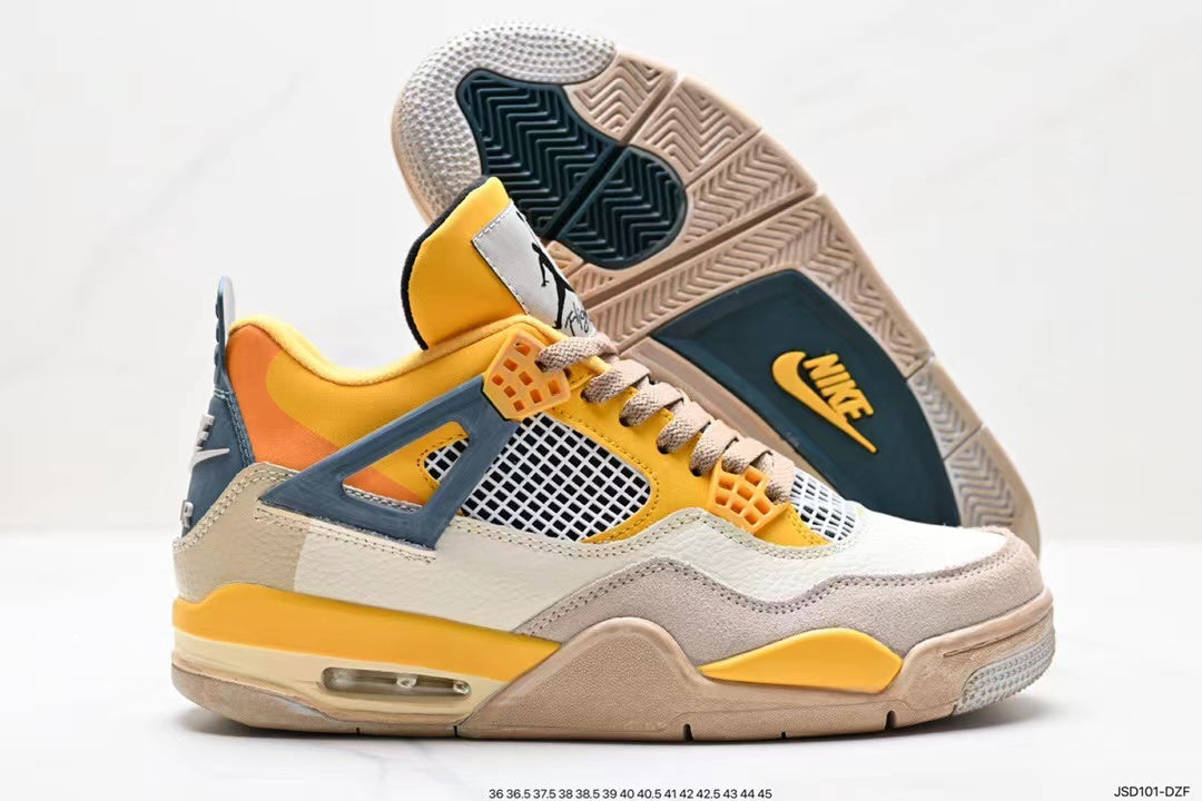 Tenis Jordan 4 Retro Blanco Amarillo.