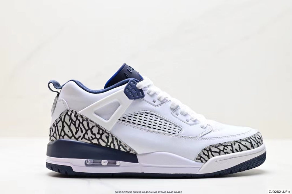 Tenis Jordan Spizike Low Blanco Azul Oscuro.