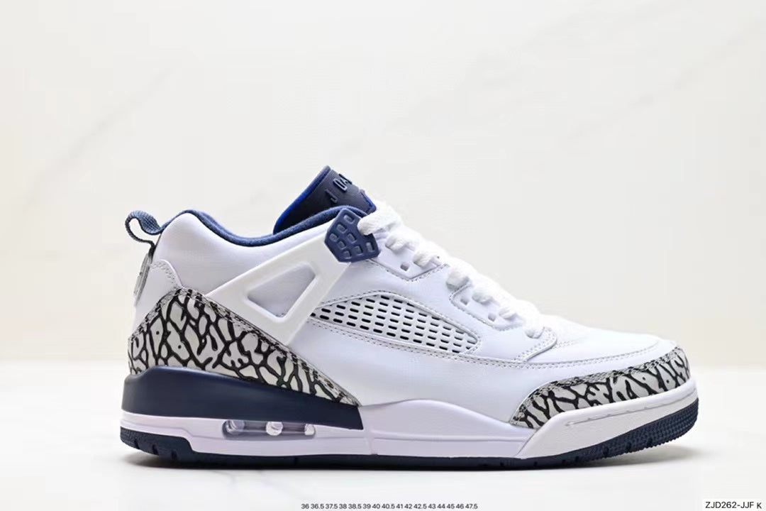 Tenis Jordan Spizike Low Blanco Azul Oscuro.