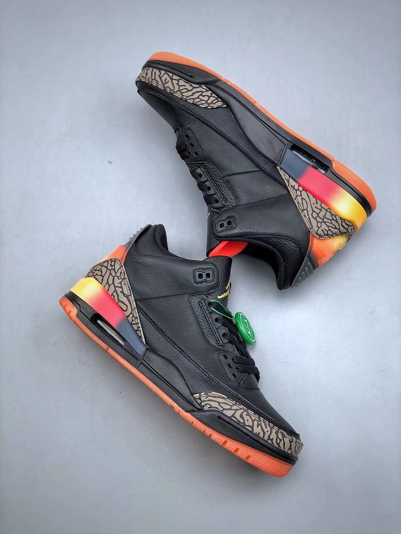 Tenis Jordan 3 Retro Negro Suela Naranja.