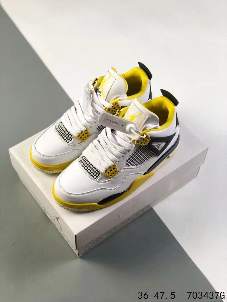 Tenis Jordan 4 Retro Blanco Amarillo.